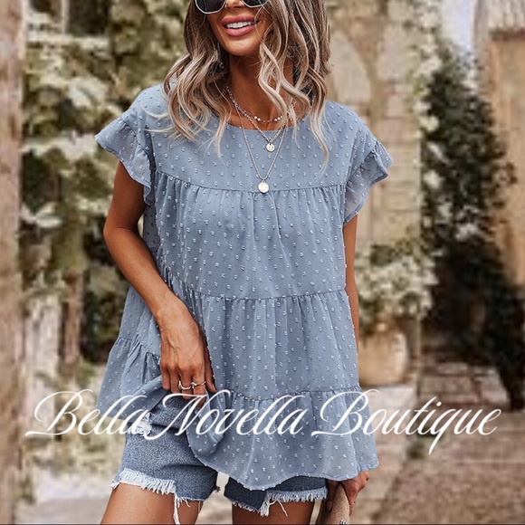 Blue Swiss Dot Tiered Blouse - Picture 2 of 8